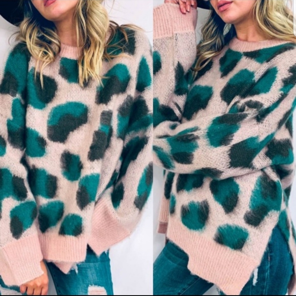 Pink and green leopard fuzzy sweater - Picture 2 of 2